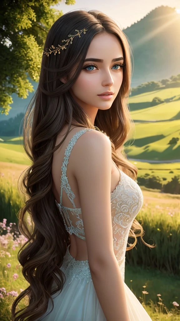 a beautiful young woman, 1girl, beautiful detailed eyes, beautiful detailed lips, extremely detailed eyes and face, long eyelashes, elegant beautiful woman, beautiful long hair, intricate detailed hair, photorealistic, 8k, high quality, masterpiece, cinematic lighting, golden hour lighting, warm colors, natural lighting, serene, peaceful, tranquil, idyllic, picturesque countryside, lush green nature, rolling hills, vibrant colors, scenic, atmospheric, dreamlike, magical realism
