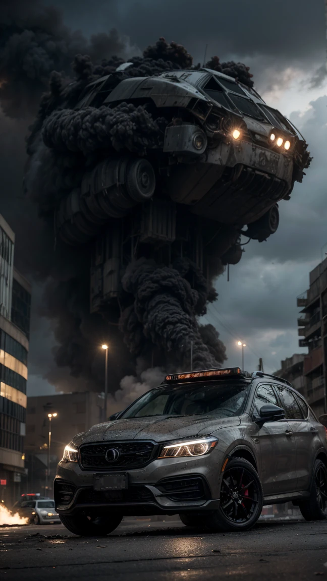 (Highest quality, Ultra HD, 16k, Masterpiece) A powerful girl walks confidently in front of her rugged, futuristic car amidst a chaotic and war-torn metropolis. The shot is a medium to long view, capturing her determined presence and the complete surroundings around her. She gazes ahead with a fierce, unyielding expression, embodying strength and resolve. She wears a fitted tshirt top under a stylish jacket and jeans pants, her attire blending practicality with a touch of modern flair. The jacket is detailed with patches, straps, and utility pockets, enhancing her battle-ready appearance. Her hair is tousled and windswept, adding to her dynamic presence. The car behind her is a heavily modified, armored vehicle, its exterior scarred from countless battles. It stands as a testament to her resilience and resourcefulness, with various gadgets and weapons mounted on its frame. The car's sleek, yet rugged design complements the overall gritty atmosphere. In the background, the entire skyline of the metropolis is visible, partially obscured by smoke and ash. Skyscrapers tower amidst the chaos, many of them heavily damaged with gaping holes and crumbling facades. Explosions light up the scene, casting an eerie glow over the widespread destruction. Spaceships hover menacingly in the sky, engaged in fierce aerial battles, their sleek designs contrasting with the devastation below. The ground is littered with debris and remnants of destroyed structures, adding to the sense of a world torn apart by conflict. Scraps of metal, shattered glass, and remnants of vehicles are scattered across the landscape, emphasizing the scale of destruction. The lighting is dramatic, with sharp contrasts that highlight the textures of her attire and the metallic surface of her car. The interplay of light and shadow emphasizes the intense expression on her face and the chaos in the background