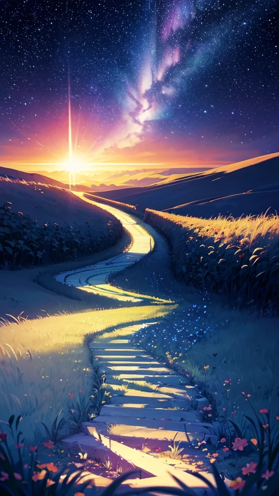 ((masterpiece))、((Highest quality))、((Realistic feel))、((landscape))、((A path of light leading to the starry sky:1.6))、Tilt Up、Pitch Black、heart、The heart is transparent、Moonlight shines、Kitten silhouette、Immersion、The sky is high、The sky is wide、Stars fall like snow、Different dimension space、Fractal Art、Aurora Color Spectrum、Scheimpflug、Dim and dim、High Contrast、Super beautiful graphics