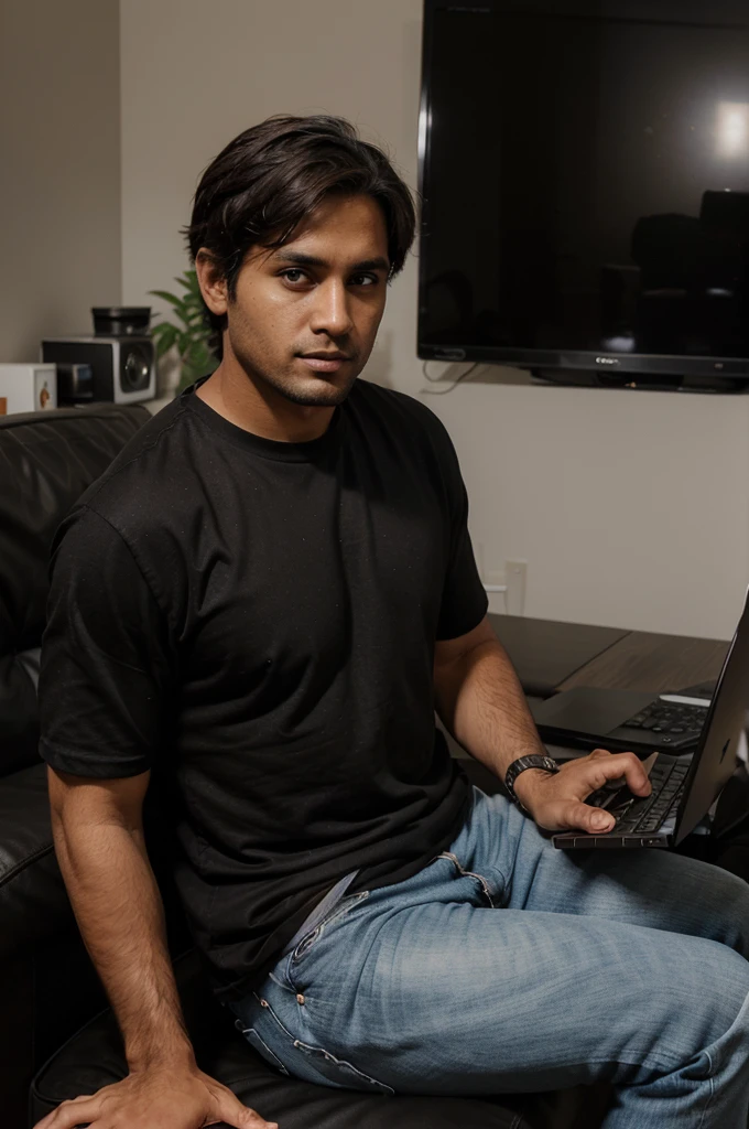 Photo of a 30 year old man with brown skin wearing a black shirt and jeans, was sitting in the living room working in front of the laptop