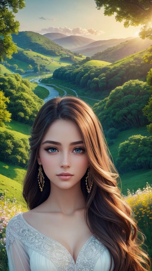 a beautiful young woman, 1girl, beautiful detailed eyes, beautiful detailed lips, extremely detailed eyes and face, long eyelashes, elegant beautiful woman, beautiful long hair, intricate detailed hair, photorealistic, 8k, high quality, masterpiece, cinematic lighting, golden hour lighting, warm colors, natural lighting, serene, peaceful, tranquil, idyllic, picturesque countryside, lush green nature, rolling hills, vibrant colors, scenic, atmospheric, dreamlike, magical realism