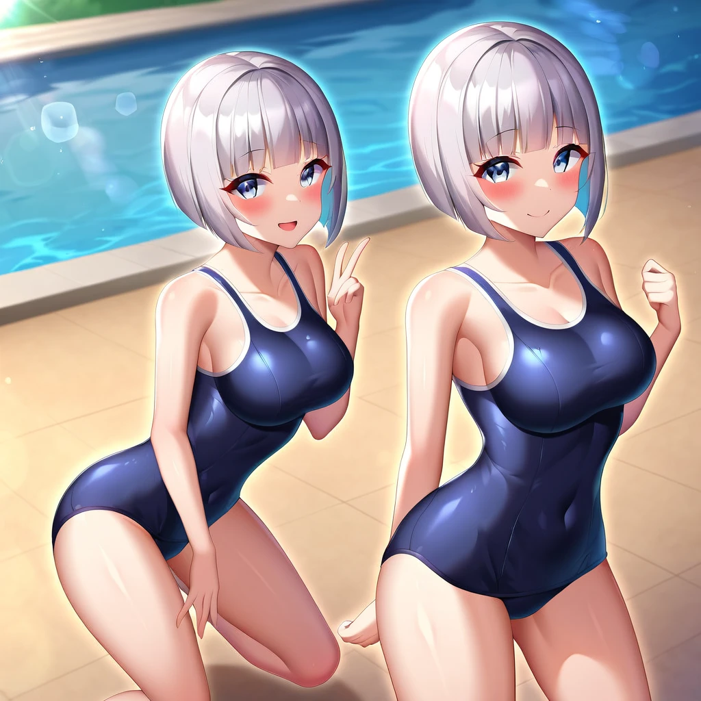 ((2D beautiful girl. top-quality, Perfect Finger 1.3, Perfect Anatomy 1.3, extremely delicate and beautiful illustration)), cute girl, (transform sequence), ((school one-piece swim wear)), 17years, Slender beautiful girl, Fractal Art, ((shine platinum silver hair, bob cut)), glossy silver eyes, Full Body Display, (1 persons), outdoor, school swimming pool side, sunshine, embarrassed, little smile