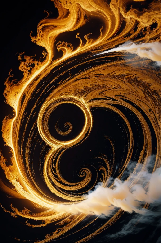 Surreal image at night, the face of a giant Thai khon mask, dark black, trimmed with gold, using two hands to hold a very large yellow moon with light, holding it at the mouth, exquisitely decorated with Thai patterns, glittering, beautiful CG, on top of the clouds. Exquisitely decorated with Thai patterns. It is a dramatic swirling wave of gold, white, and red that mimics the flow of liquid. Image clarity is very high. Wave-like explosion of smoke, multi-colored clouds