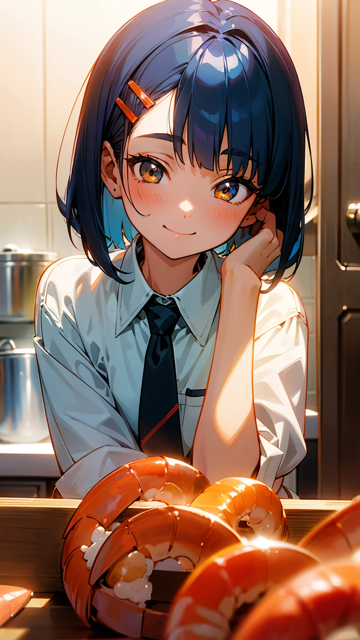1 girl、Anime Images、Kitchen in the morning、Delicious food、shrimp、Shiny dark blue hair、Short Bob Hairstyles、Tie your hair with an orange hair clip、Beautiful brown eyes、smile、Upper body close-up、Sharp contours、Background Blur、Written boundary depth