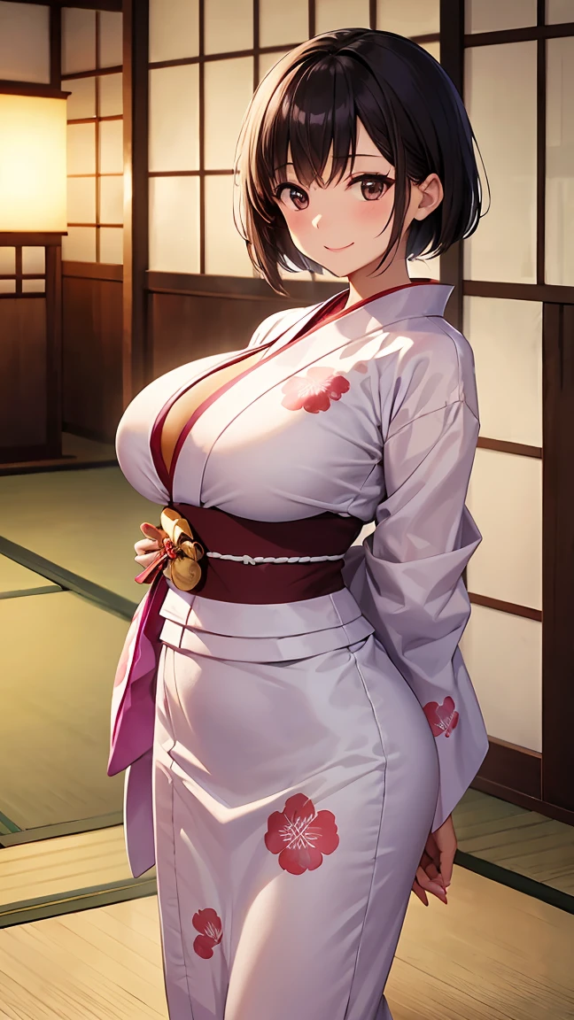 Standing wearing yukata、Outstanding smile、 milf 、Japanes、huge breast、short hair、(gleaming skin:1.4)、arms behind back, pigeon toed, Esbian all over body、(ryokan, in, room:1.2)