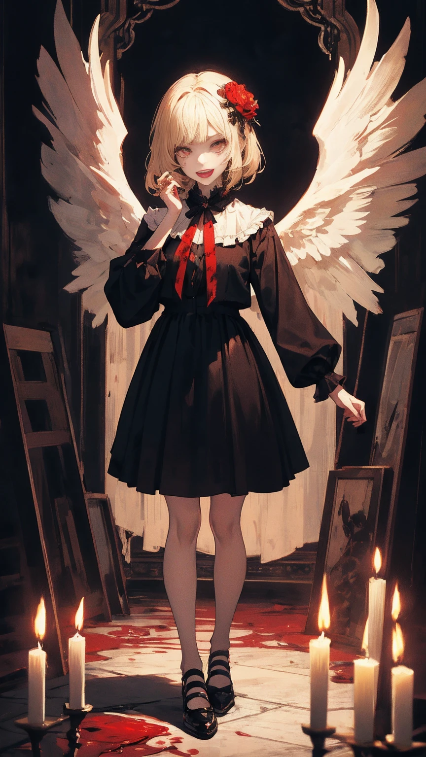 masterpiece, Highest quality, High resolution,(Highest quality,4K,High resolution,masterpiece:1.2),Very detailed,Realistic:1.37,masterpiece, Highest quality, Exquisitely crafted, woman, beautiful, elegant, smile, Blood, iridescent Long Hair, bangs, skirt, shirt, Long sleeve, Frills, shoes, (Red and Black:1.4), flower, spooky, Horror, head蓋Bones, Long Hair, Black Hair, Candles, Blood, hair flower, Dead, hair ornaments, Bone, 人形Horror (theme),spooky altar background,Dark fantasy,Red color scheme,Ominous atmosphere,eyeを引く,Storytelling,Anime Style,Concept Art,beautiful細部までこだわった顔と (((赤いeye ))),A terrifying ritual ,Satanic Ritual,Humanoid,クレイジーなsmile,Scythe Face,Girl Monster, beautiful, Delicate facial features, 鋭いeye, Sharp Fangs, 青White skin, blonde,robot,Cursed Painting, Dark Background, Cinema Lighting, Dramatic Shadows, Gothic style, Gloomy atmosphere, Dark fantasy, One Girl, , Please open your mouth wide, Open your mouth and baring your teeth,Sharp teeth like a beast, Wide lips, very wide mouth, Vermilion cheeks, ,(Bloodしぶき:1.4),Scary smile, smile,Fallen angel design, ねじれたsmile、Bloodまみれの、headからの出Blood,、Bloodしぶき、,(Bloodしぶき:1.4),Crossbones, head蓋Bone,Horror 一人の男の子, Cream colored hair, Blonde, Pearly hair, nice boy, Pure white angel wings, Loose-fitting clothing, Larger clothes, dark red eye, eyeの下のたるみ, dark circles under eye, やみcute, Fluffy hair, Voluminous Hair, skinny, slim, very skinny, Androgynous, cute, spooky, short hair, Horror, Faded colors, White skin, spooky, Unnaturally thin, I&#39;I am hungry, eye, eye in background, sharp eye, Long eyelashes, Under the eyelashes, Loose shorts, レースshirt, Frillsshirt, Tie the ribbon&#39;head, Detailed clothing, A loose cardigan, Open cardigan, 滴るBlood, that&#39;terrible, nightmare, Haunted, stitch, patchwork, string, Injury, hell, Injury on arms, self-harm, cut, Black Fingers, factory, Abandoned, A dismembered ghost,Many heads,Many heads,Lots of faces,Multiple faces,Multiple Girls,Frolicking Girl,複数のwoman,tea ,クレイジーなsmile,look up,Face shot,Scythe Face,Girl Monster, slave,beautiful, Detailed portrait, Delicate facial features, 鋭いeye, Sharp Fangs, 青White skin, Thick chain, Dark Background, Cinema Lighting, Dramatic Shadows, Gothic style, Gloomy atmosphere, Dark fantasy, One Girl, , Please open your mouth wide, Open your mouth and baring your teeth,Sharp teeth like a beast, Wide lips, very wide mouth, Vermilion cheeks, ,(Bloodしぶき:1.6),Scary face, Laughter　Witch design, ねじれたsmile、Bloodまみれの、headからの出Blood,,、Bloodしぶき、,(Bloodしぶき:1.6),Crossbones, head蓋Bone,　, Horrorスタイル, ((Fantasy Witch Costume)), ((Flowing white hair)), ,(Bloodしぶき:1.6),womanの曲線, Large Breasts, Thick thighs, Sexy flat stomach, Perfect hands, Perfect anime face, ((dark ta dress)), Are standing, ((邪悪なsmile)), ,(Bloodしぶき:1.6),Victorian cities, gaslight, Steam circulates, Moonlight Illumination, night lighting, A sky filled with stars and galaxies,disaster々new devil horns,,(Bloodしぶき:1.6),アニメゾンビWitch design, ねじれたsmile、Bloodまみれの、headからの出Blood,,、Bloodしぶき、,(Bloodしぶき:1.6),Crossbones, head蓋Bone,,Photo Background,Wide Shot,Scythe Face,Girl Monster, slave,beautiful, Detailed portrait, Delicate facial features, 鋭いeye, Sharp Fangs, 青White skin, Thick chain, Dark Background, Cinema Lighting, Dramatic Shadows, Gothic style, Gloomy atmosphere, Dark fantasy, One Girl, , Please open your mouth wide, Open your mouth and baring your teeth,Sharp teeth like a beast, Wide lips, very wide mouth, Vermilion cheeks, ,(Bloodしぶき:1.6),Scary face, Laughter　Witch design, ねじれたsmile、Bloodまみれの、headか