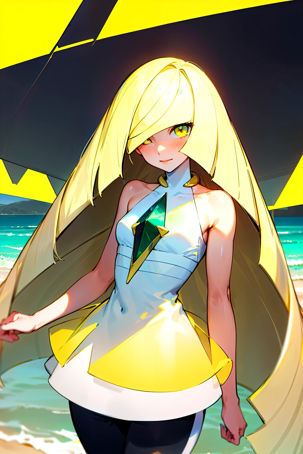 masterpiece,best quality,1girl,mature female,lusamine,blonde hair,yellow eyes,very long hair,(hair over one eye:1.3),dress,sleeveless,sleeveless dress,bare shoulders,white dress,gem,bare arms,short dress,diamond (shape),green gemstone,leggings,glowing eyes,in the  beach,  standing, Sexy waist teasing 