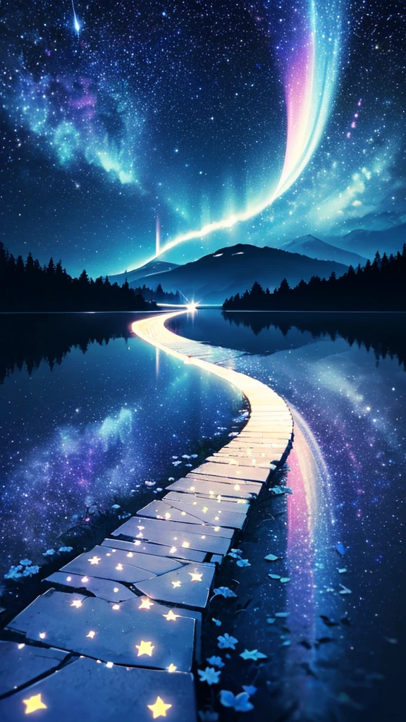 ((masterpiece))、((Highest quality))、((Realistic feel))、((landscape))、((A path of light leading to the starry sky:1.6))、Tilt Up、Pitch Black、heart、The heart is transparent、Moonlight shines、Kitten silhouette、Immersion、The sky is high、The sky is wide、Stars fall like snow、Different dimension space、Fractal Art、Aurora Color Spectrum、Scheimpflug、Dim and dim、High Contrast、Super beautiful graphics