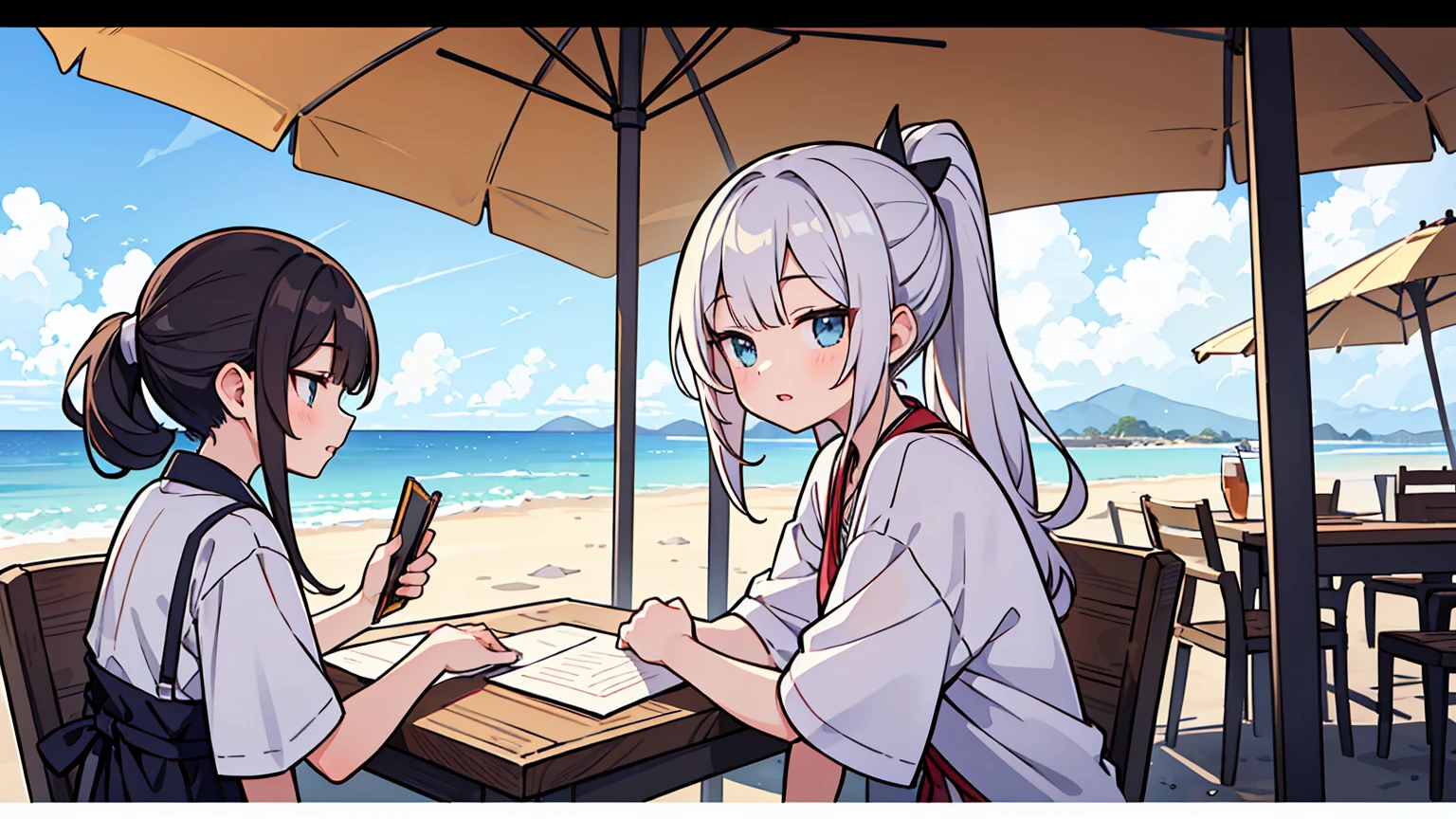 (masterpiece, best quality),Women with different faces and hairstyles, different hair colors, different faces, ponytail, letterboxed, perfection of fashion,chapped lips, Summer Clothes, upper body, from the side,Terrace cafe with white sand and beach view,study at the table, eyes look at the note, together, stylish outfit,