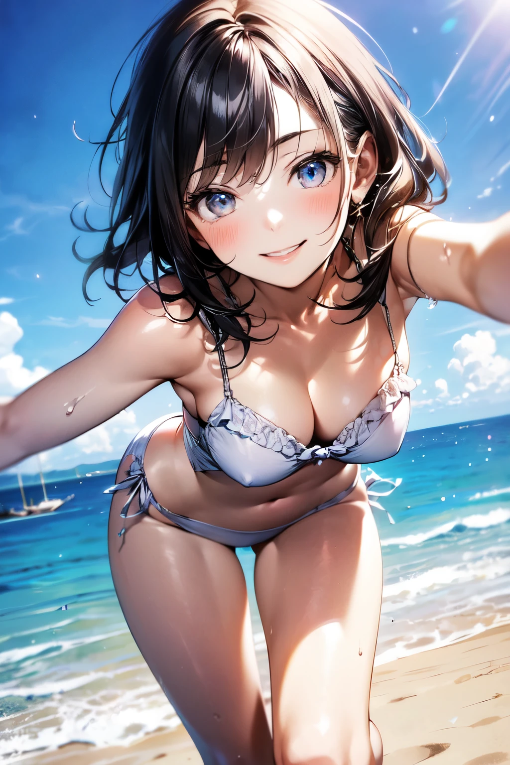 very cute and beautiful girl,(highly detailed beautiful face),white camisole,cute ruffle petticoat,
exposing thighs,dynamic pose,(smile),blush,looking at viewer,black hair,beach,tropical resort,
(best quality,masterpiece),absurdres,highres,ultra-detailed,extremely detailed,32k,8k resolution,
intricate details,cinematic scene,detailed background,solo,dynamic angle,
natural lighting,beautiful detailed sky,