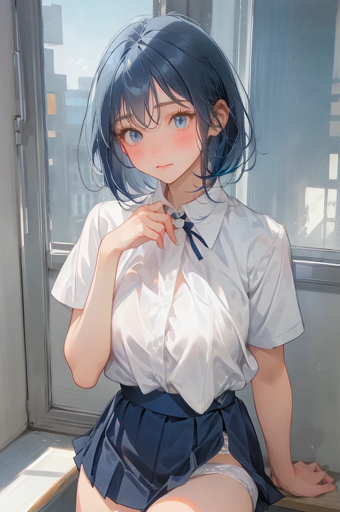 NSFW、独奏、Big Breasts、Stand with your legs spread wide、Bare thighs、(Dark blue pleated skirt Dark blue、Dark blue micro mini skirt dark blue、Sailor suit summer uniform、Short sleeve white shirt、Navy Blue Ribbon)、(Big Breasts、slim、Slimming、Muscular、Beautiful Abs、Bare thighs)、(white panties white、BREAK Panty Drop、Pussy、Pussyライン、Erotic thighs)、(white panties white、White Micro Mini Panties、White sexy panties、White transparent lace panties）、(I opened my mouth slightly、Sexy look、Blushing)、(Kyoto Animation Style、Dark blue shorthair、(Dark blue hair:1.7)、Blunt bangs、Hair between the eyes、Clear Eyes、Dark Eyes)、NSFW、high school girl、high school、classroom