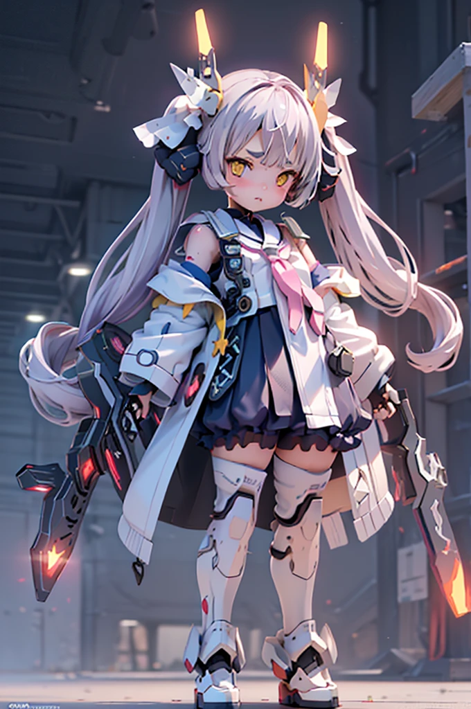 (Highest quality)), ((masterpiece)), (Very detailed: 1.3), 3d, {(One Girl)}, (Navy blue bloomers and、Wear a white gym suit with colored hems underneath the armor:1.2),(((Yellow Eyes)))、(((Light purple hair)))、((Twin tails long enough to reach the ground))、(((long hair))) , (She is fused with a Gundam mecha from the future.:1.2), With headgear, With V-fin , Armored Shoulders,Armed, Armor under the feet, Short sleeve, Equipped with two huge weapons on its back, Weapon module mounted on the leg, Multi-layer texture perfect ratio, Octane Rendering, Duotone Lighting, Low ISO, wide aperture, White balance, Three-part method, Ultra HD 16k, High resolution (High Dynamic Range), Ray Tracing, NVIDIA, Super Resolution, Scattered beneath the surface, PBR Texturing, Post-processing, Anisotropic Filtering, Depth of written boundary, Maximum clarity and sharpness, Highly efficient subpixels, Subpixel Convolution, Particles of light, Scattered Light, Tyndall effect, whole body:1.5, Combat pose, cute, (cute:1.2),Thick eyebrows, Light-colored irises, Big, bright black eyes, Long eyelashes, Small, light-colored, natural lips, (The average face of the Japan idol), (日本人特有のBaby Face:1.3), (), Wide forehead:1.2, Plump Cheeks, Small jaw, In the Hangar,View your viewers,Focus on the eyes , (Four perfect fingers, One thumb),