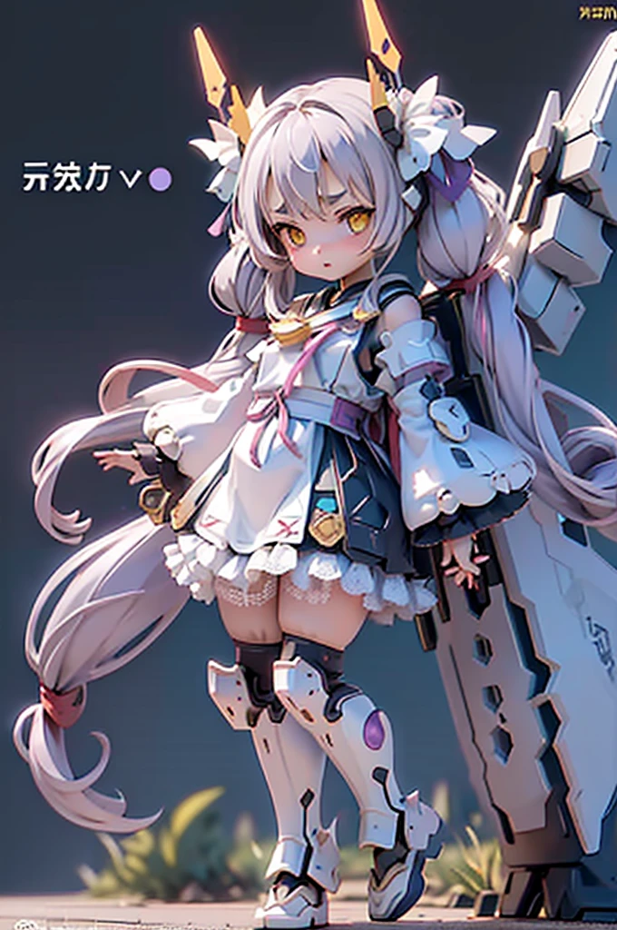 (Highest quality)), ((masterpiece)), (Very detailed: 1.3), 3d, {(One Girl)}, (Navy blue bloomers and、Wear a white gym suit with colored hems underneath the armor:1.2),(((Yellow Eyes)))、(((Light purple hair)))、((Twin tails long enough to reach the ground))、(((long hair))) , (She is fused with a Gundam mecha from the future.:1.2), With headgear, With V-fin , Armored Shoulders,Armed, Armor under the feet, Short sleeve, Equipped with two huge weapons on its back, Weapon module mounted on the leg, Multi-layer texture perfect ratio, Octane Rendering, Duotone Lighting, Low ISO, wide aperture, White balance, Three-part method, Ultra HD 16k, High resolution (High Dynamic Range), Ray Tracing, NVIDIA, Super Resolution, Scattered beneath the surface, PBR Texturing, Post-processing, Anisotropic Filtering, Depth of written boundary, Maximum clarity and sharpness, Highly efficient subpixels, Subpixel Convolution, Particles of light, Scattered Light, Tyndall effect, whole body:1.5, Combat pose, cute, (cute:1.2),Thick eyebrows, Light-colored irises, Big, bright black eyes, Long eyelashes, Small, light-colored, natural lips, (The average face of the Japan idol), (日本人特有のBaby Face:1.3), (Baby Face), Wide forehead:1.2, Plump Cheeks, Small jaw, In the Hangar,View your viewers,Focus on the eyes , (Four perfect fingers, One thumb),