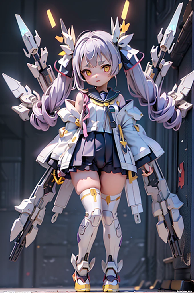 (Highest quality)), ((masterpiece)), (Very detailed: 1.3), 3d, {(One Girl)}, (Navy blue bloomers and、Wear a white gym suit with colored hems underneath the armor:1.2),(((Yellow Eyes)))、(((Light purple hair)))、((Twin tails long enough to reach the ground))、(((long hair))) , (She is fused with a Gundam mecha from the future.:1.2), With headgear, With V-fin , Armored Shoulders,Armed, Armor under the feet, Short sleeve, Equipped with two huge weapons on its back, Weapon module mounted on the leg, Multi-layer texture perfect ratio, Octane Rendering, Duotone Lighting, Low ISO, wide aperture, White balance, Three-part method, Ultra HD 16k, High resolution (High Dynamic Range), Ray Tracing, NVIDIA, Super Resolution, Scattered beneath the surface, PBR Texturing, Post-processing, Anisotropic Filtering, Depth of written boundary, Maximum clarity and sharpness, Highly efficient subpixels, Subpixel Convolution, Particles of light, Scattered Light, Tyndall effect, whole body:1.5, Combat pose, cute, (cute:1.2),Thick eyebrows, Light-colored irises, Big, bright black eyes, Long eyelashes, Small, light-colored, natural lips, (The average face of the Japan idol), (日本人特有のBaby Face:1.3), (), Wide forehead:1.2, Plump Cheeks, Small jaw, In the Hangar,View your viewers,Focus on the eyes , (Four perfect fingers, One thumb),