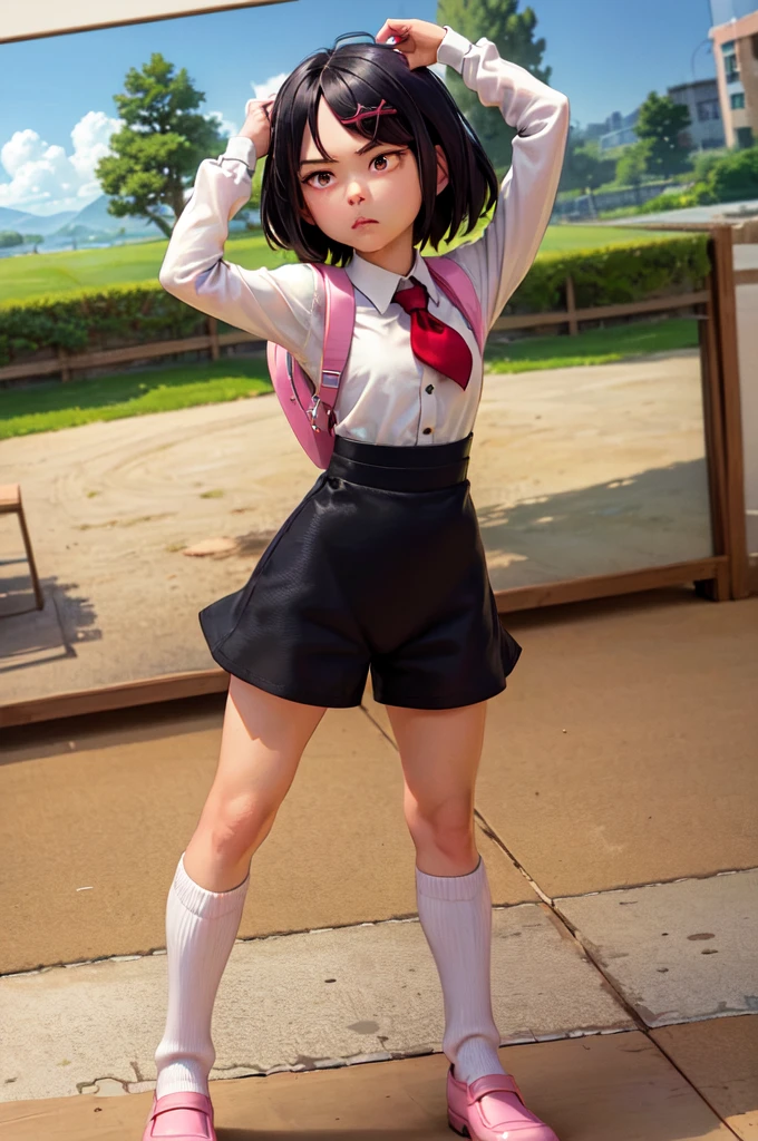 (masterpiece, Highest quality:1.2), Cowboy Shot, alone, One girl, Misako \(Ticker\), Expressionless, Mouth closed, View your viewers, Arms crossed, White shirt, Tucked in shirt, Long sleeve, tie, Black shorts, Green knee socks, pink backpack