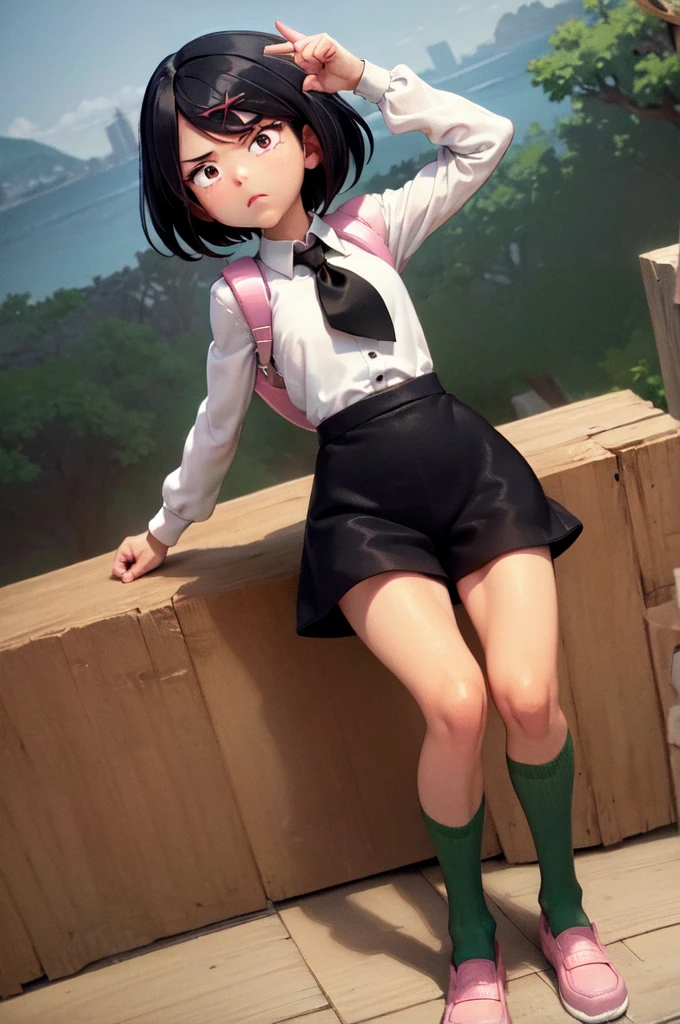 (masterpiece, Highest quality:1.2), Cowboy Shot, alone, One girl, Misako \(Ticker\), Expressionless, Mouth closed, View your viewers, Arms crossed, White shirt, Tucked in shirt, Long sleeve, tie, Black shorts, Green knee socks, pink backpack