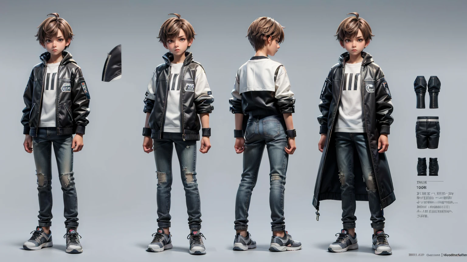 cute face boy, cute face, short height boy, wearing casual futuristic grey color pent, full standing pose, French Crop hairs, brown hair, sports shoes, Character Sheet, 12 yo student, Full body, Simple white background, front pose character reference sheet, Concept art, design sheet