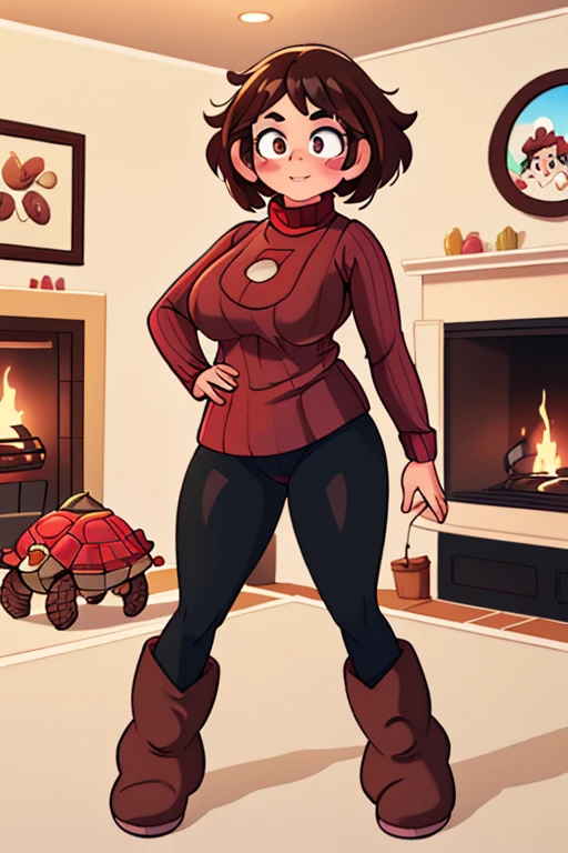 (extremely detailed CG unity 4k wallpaper),(masterpiece),(best quality),(ultra-detailed),(best illustration),(best shadow),(absurdres),(detailed background), 1girl, solo, Imagine Ochaco Uraraka being a 45 year old mother, MILF, brown hair, brown eyes, blush stickers, short hair, Mature Face, brown hair, brown eyes, blush stickers, short hair, medium breasts, curvy female, thick thighs, voluptuous female,((Wearing: red turtle-neck sweater, black leggings and ugg boots)), indoors, detailed background, living room, wide shot, (Standing:1.2)
