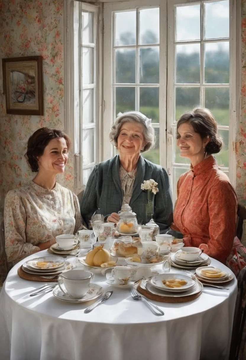 I, who am a cup, have seen many families with sadness and joy that I have seen. The scene must cover several moments in time, showing different families and individuals who have sat at the table to eat, sharing happy and sad moments. Capture the passage of time by representing different eras through changing styles of clothing, tableware and decor. People's faces should show a variety of emotions: laughter, tears, joy and sadness. Make sure the details on the glass are prominent, with signs of wear indicating its long history. The backdrop should include elements such as a window displaying different seasons, family photos on the wall, and other personal touches that convey the warmth and lived-in feel of the home. The overall atmosphere should combine nostalgia, warmth and a touch of melancholy."