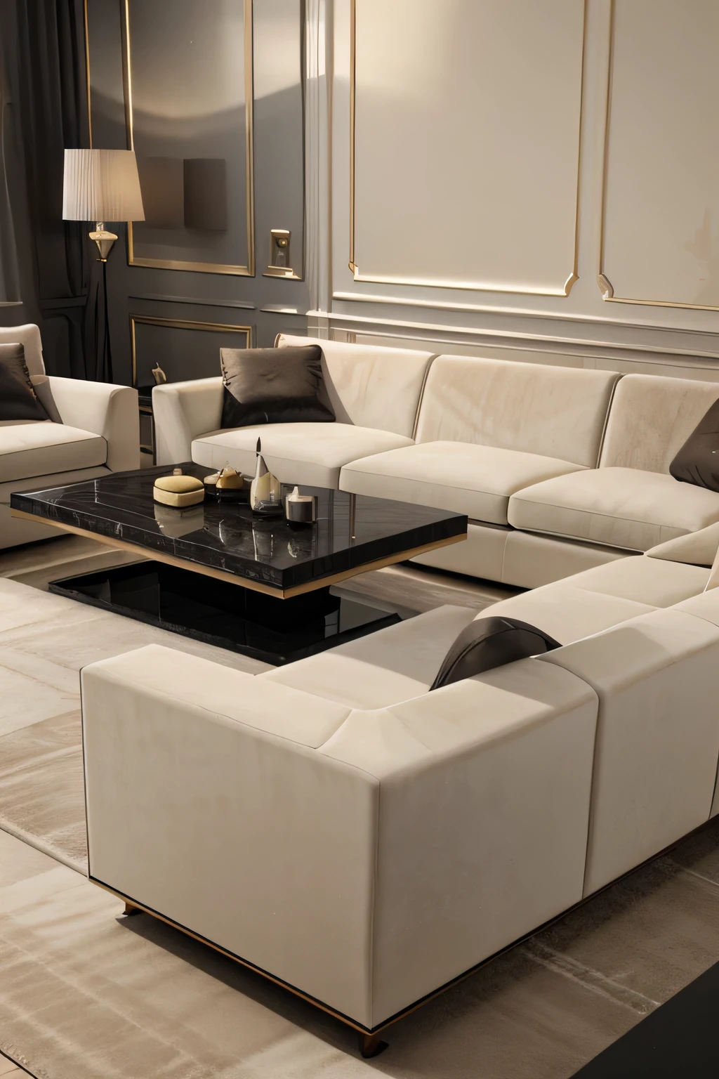 Professional 3D architecture rendering design of modern and French light cream velvet sofa with black slab stone middle table and high details and quality