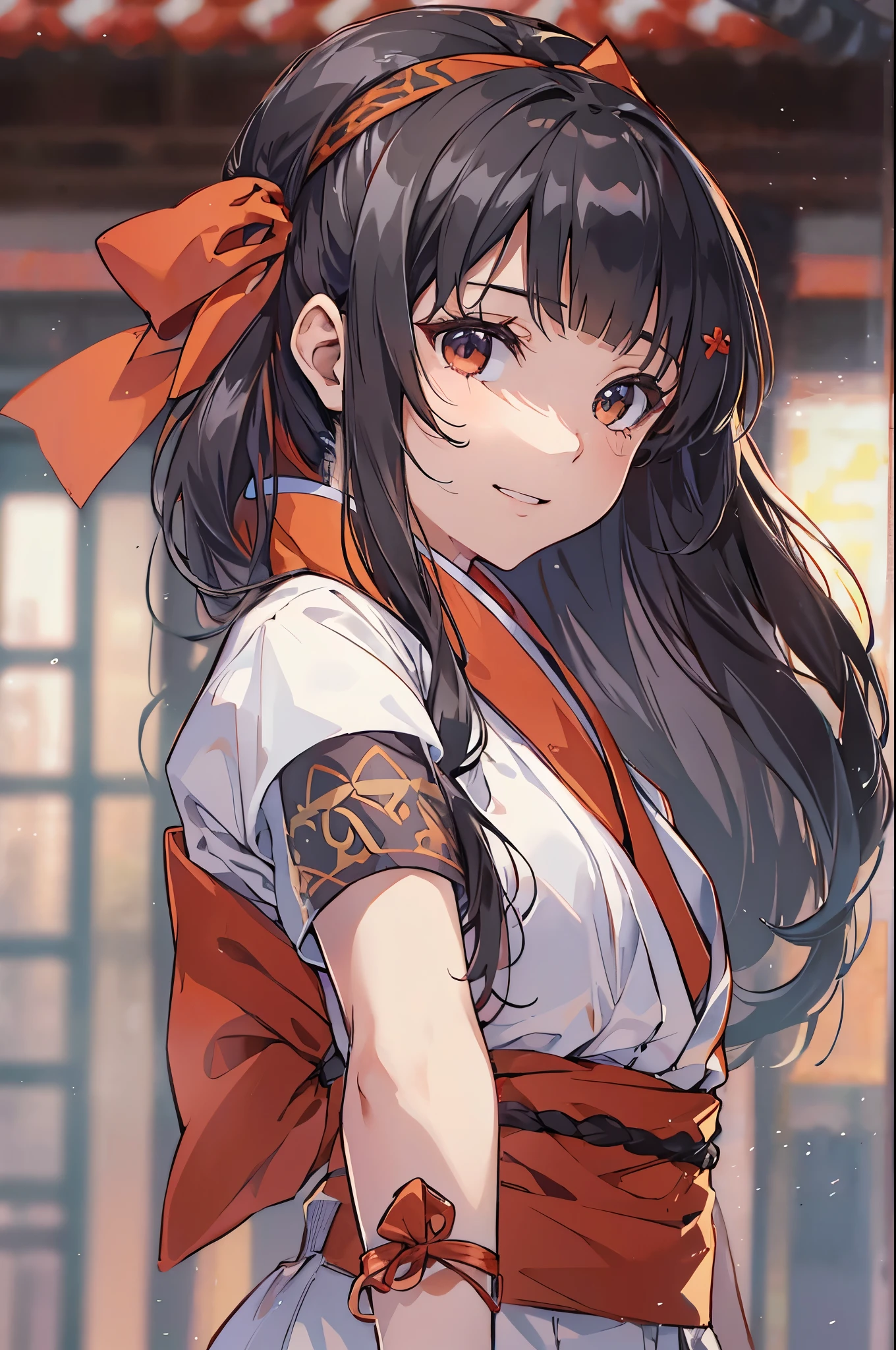A young woman in traditional Ainu clothing, with long black hair tied up in a red bow, wearing fingerless gloves and a short-sleeved top, walking towards the viewer with a slight smile, (masterpiece, best quality, 1 girl, solo, pensive, red bow, bow, long hair, hair bow, Ainu clothing, solo, headband, black hair, fingerless gloves, short sleeves, gloves, bangs, red headband, bust, brown eyes, white pants, kimono, masterpiece, light smile, (illustration: 1.5), running towards the viewer)