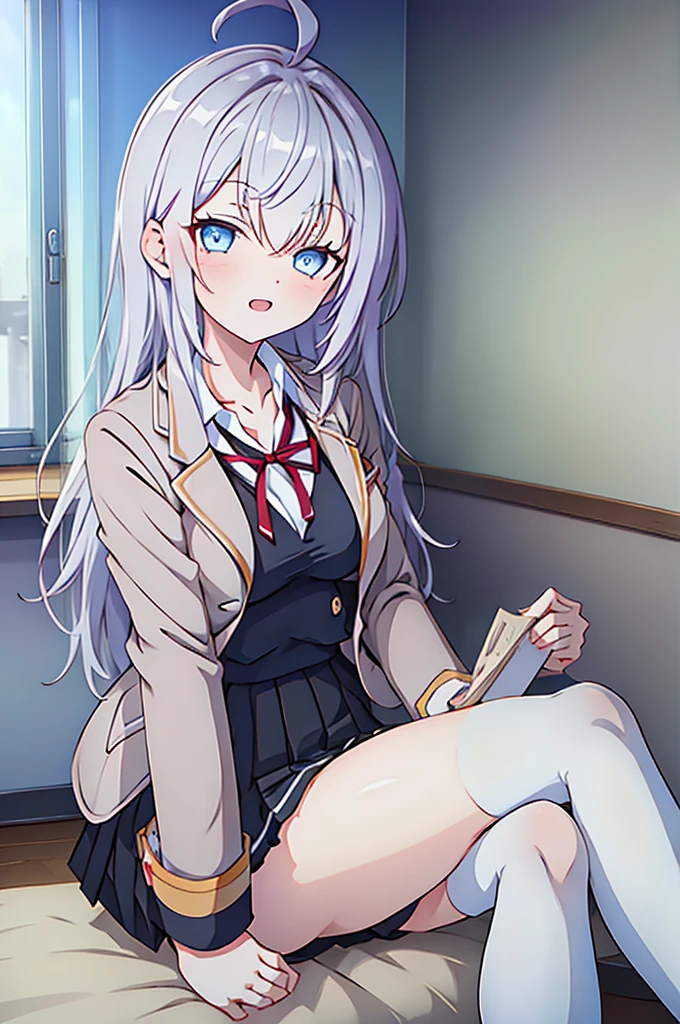 masterpiece,  JK, uniform, Black pleated skirt with white stripes, girl,  Long white hair, Straight Hair, Ahoge, the body is slim, *********,  Beautiful breasts, Round Breasts, 大きなtits, Long sleeve, Beautiful Eyes, White knee-high socks, Black Skirt, Bedroom, M-shaped legs, Spread your legs、Excited, Open Blazer, Red ribbon, Black shorts with lace, Unbuttoned, titsを見せる, tits