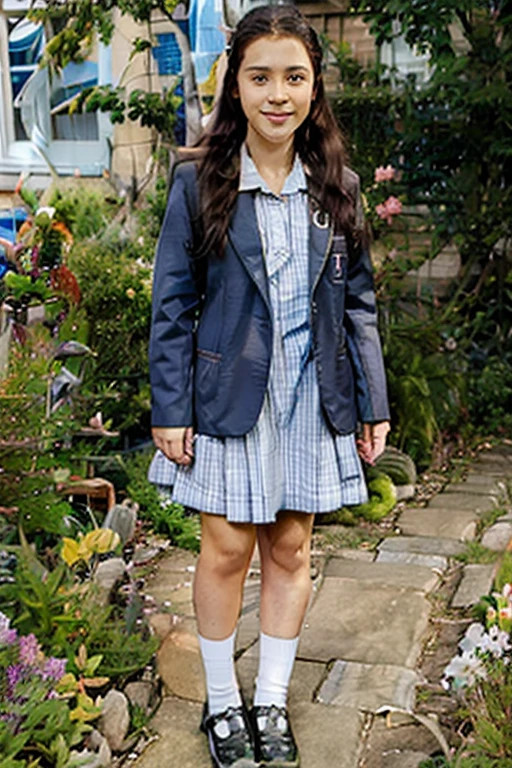 girl aged 20, long blonde hair, tbarshoes, navyblue blazer, blue and white checked school dress, white socks, standing in garden