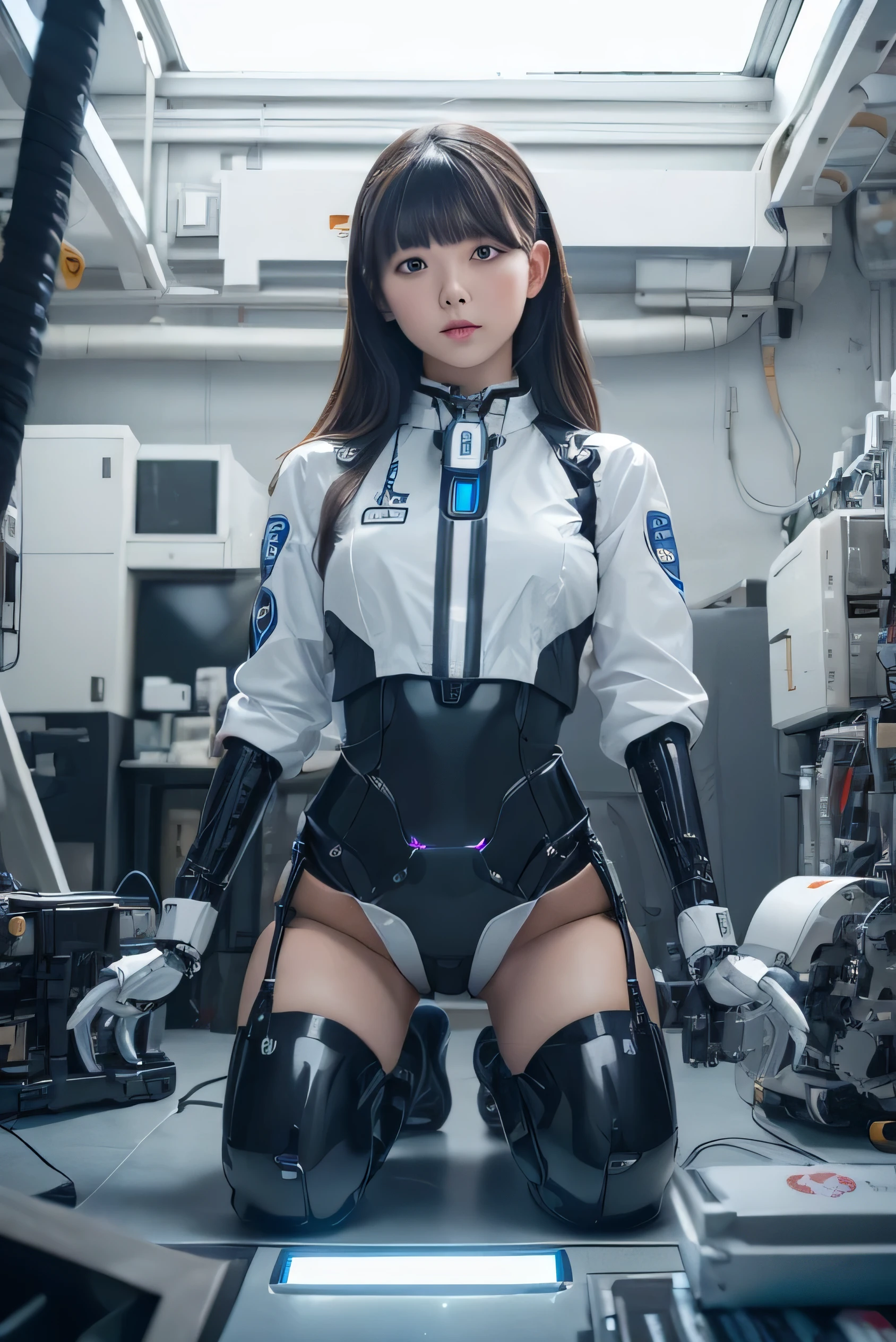 (Photorealistic:1.4), (Raw photo)masutepiece, Best Quality, Extremely detailed, (Photorealistic:1.4), (8K, 4K, Best Quality, hight resolution, 超A high resolution:1.1), 8K Portrait,1girl in, Japanese android girl,Plump , announcer,control panels,android,Droid,Mechanical Hand, ,Robot arms and legs, Black hair,Mechanical body,Blunt bangs,White Robotics Parts,perfect robot woman,Charging spot,Long Tube,A thick cable was connected to his neck.,ceramic body ,Mechanical body, mechanical ear covers,android,robot humanoid,a bit Chubby,pantiy,complete eyes,Perfect machine body,White robot body,The laboratory of the future,android factory,mechanical ear covers,White and light blue uniform,light blue accent costume,