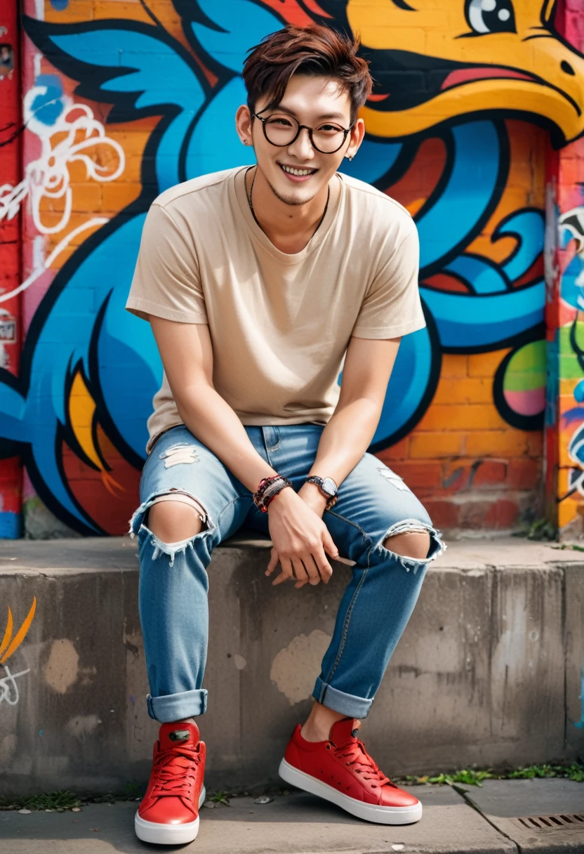 A portrait photo of a gorgeous young French-Japanese man, handsome K-pop idols face, still from the film, ((solo)), (Ji Chang Wook look alike face: 0.9), He is 40 years old, 176 cm tall, smiling, with Buzz cut hair in black. He has electric brown eyes and is wearing a beige t-shirt, ripped jeans, and red sneakers. He has multiple tattoos (a dragon on his arm, a phoenix on his neck) and various piercings, (eye, nose, and ears). He is also wearing large eyeglasses. The background colorful graffiti, with vibrant colors and striking features, Leica SL3, Summicron-SL 75 f/2 ASPH, kodak gold 200 film,