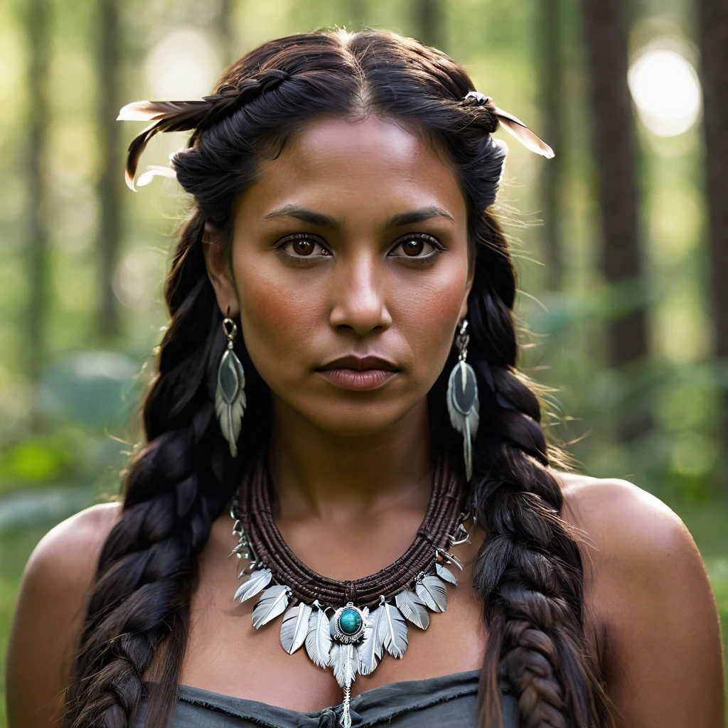 Realistic image of a woman, alone, with long hair, looking at the viewer, black hair, brown eyes, jewelry, braid, earrings, dark skin, necklace, mole, dark-skinned woman, lips, feathers, native american shamen fantasy, cocar centralizado,rosto pintado,Strobe,Auroracore, Bobina de Tesla. sitting on the green grass in the forest trees with her dogs