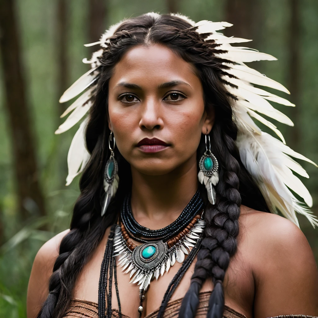 Realistic image of a woman, alone, with long hair, looking at the viewer, black hair, brown eyes, jewelry, braid, earrings, dark skin, necklace, mole, dark-skinned woman, lips, feathers, native american shamen fantasy, cocar centralizado,rosto pintado,Strobe,Auroracore, Bobina de Tesla. sitting on the green grass in the forest trees with her dogs