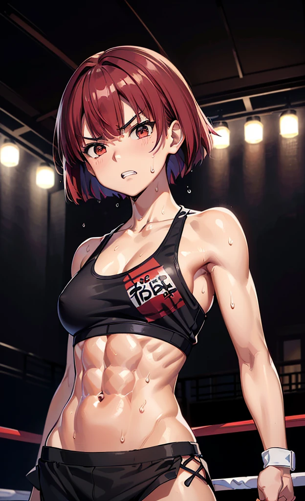 masterpiece, best quality, ultra detailed, ultra high resolution, very detailed face, solo, ((anime)), ((16 years old japanese girl)), (((black tanktop, croptop, bikini))), (((crimson bob hair))), ((sweat:1.2)), (((six pack abs:1.25))), (((medium breast))), ((serious face, teeth)), on the boxing ring