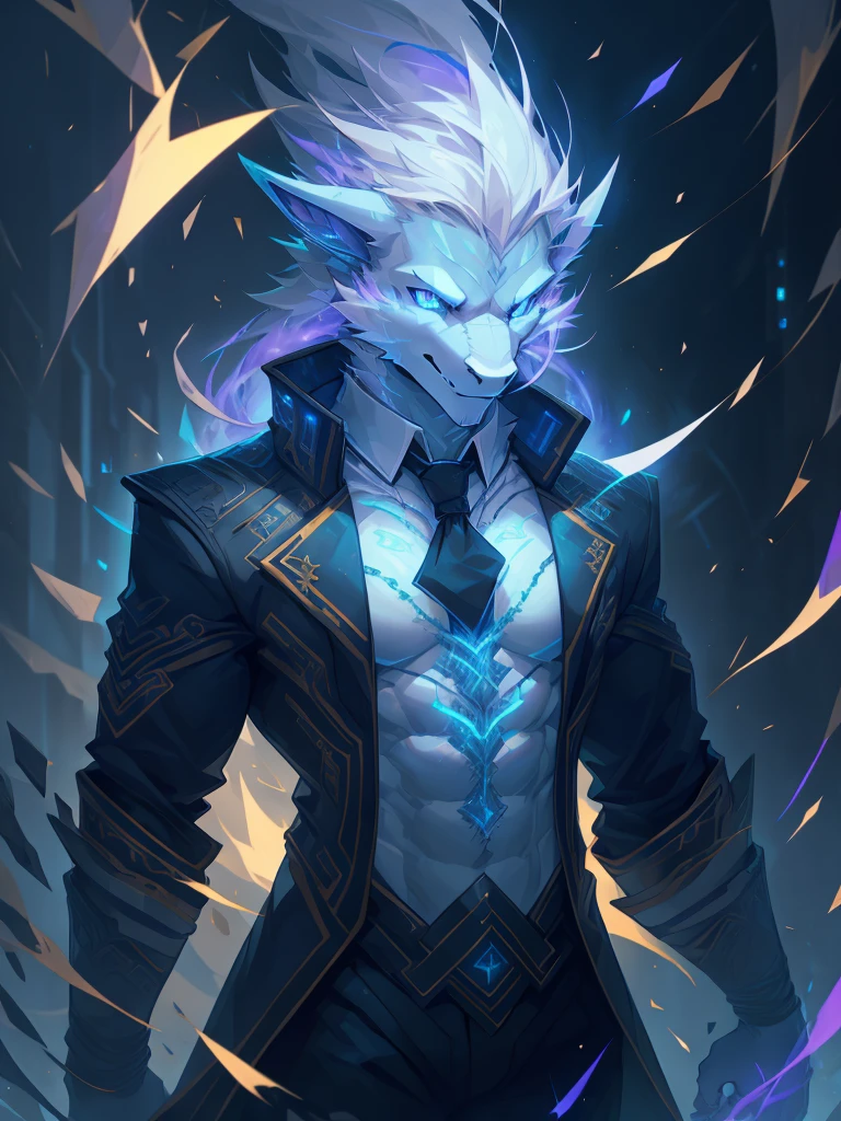 male, furry, Dragon anthro, solo, white fur, Northern lights eyes, (Realistic eye details 1.2), business suit wear, V0id3nergy, abs, Masterpiece, dramatic lighting, soft lighting, day, highly detail, Hair coiled