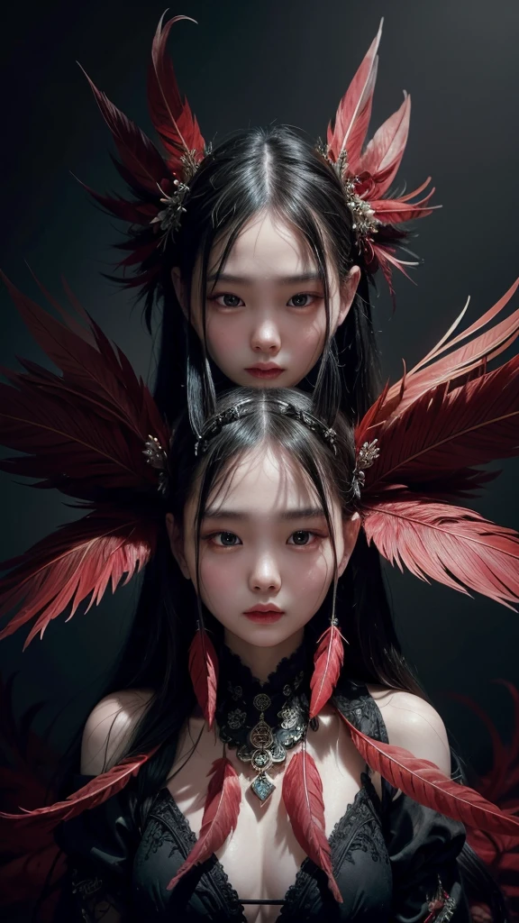 A stunning painting by Lu Jian Jun, featuring intricate and elegant portraits that leave viewers breathless. The artist masterfully captures the essence of dark fantasy through the use of luxuriously simple red feathers, creating a captivating and sophisticated visual experience. The composition is a perfect blend of fashion and painting, drawing the viewer into a mysterious and alluring world, fashion