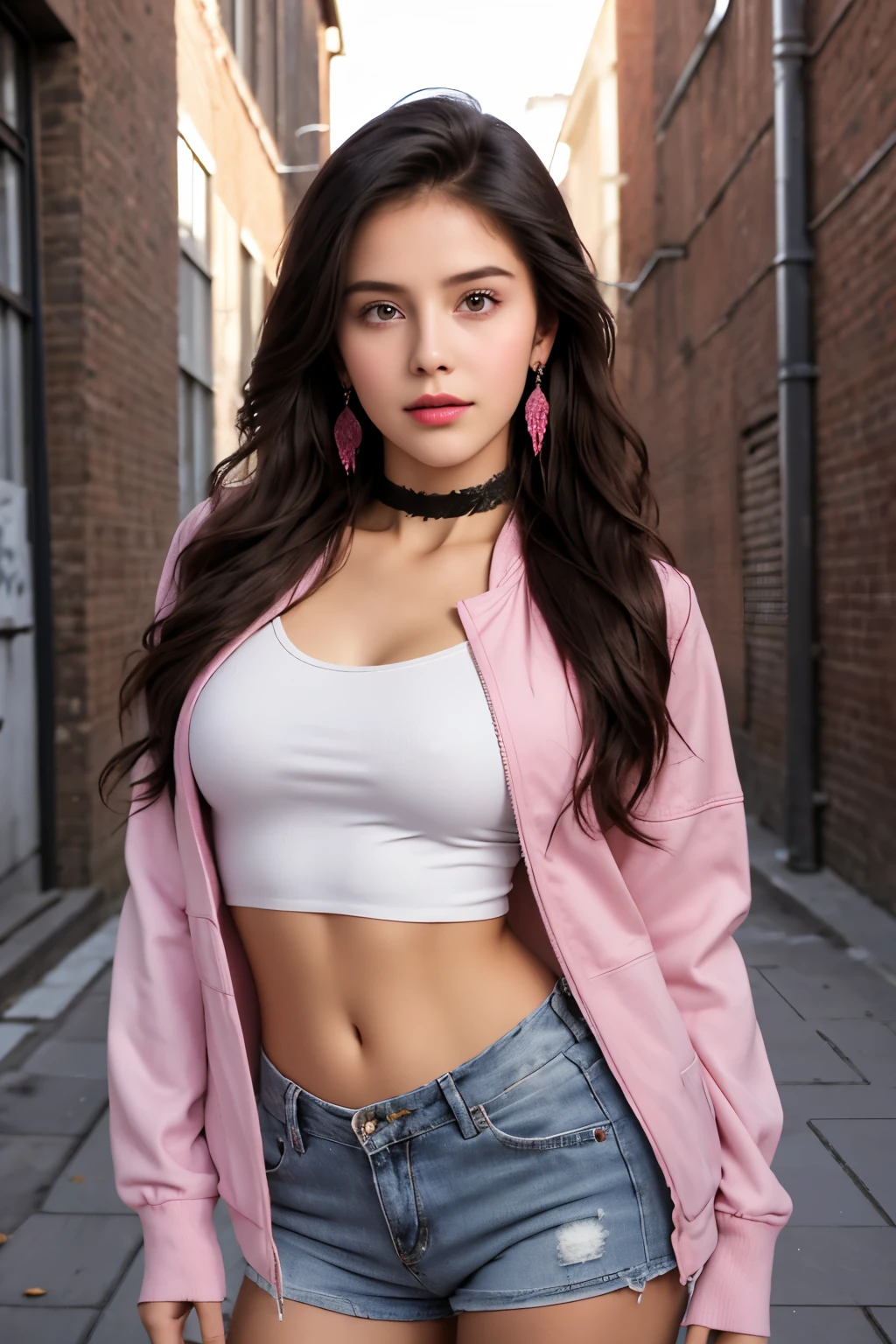 (masterpiece, best quality, 1girl, solo, intricate details, chromatic aberration), realistic, ((medium breath)),long hair, black hair, red head ornament, pink highlights, hair over one eye,purple eyes, earrings, sharp eyes, choker, neon shirt, open jacket, crop top, (symmetry eyes),(perfect symmetrical body),against wall, brick wall, graffiti, dim lighting, alley ,look at viewer