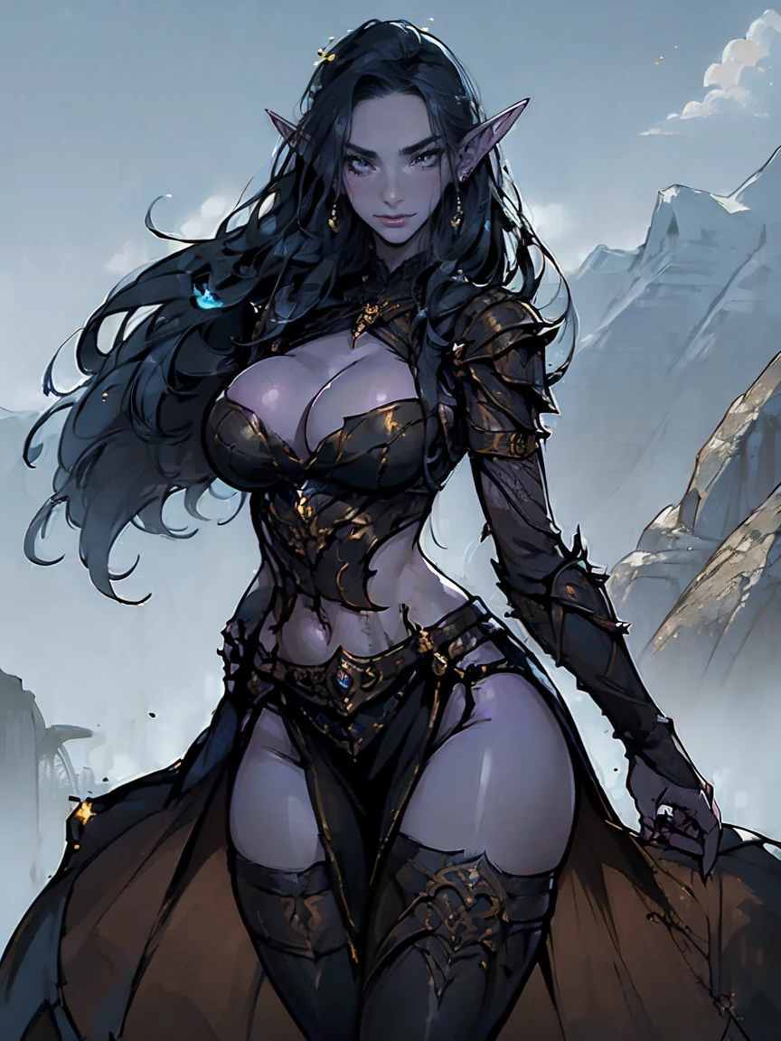 (masterpiece, top quality, best quality, official art, beautiful and aesthetic:1.2), (1girl:1.3), ((Sharp facial features, sharp features, hawkish features)), ((big hair, long elf ears, long black hair)), (((pale purple skin, pale blue skin, blue skin, purple skin))), big tits dark elf girl, extremely detailed, portrait, looking at viewer, solo, (full body:0.6), detailed background, full-body shot, (cold night mountain theme:1.1), dark elf war dancer, (spiky winged helmet), charlatan, smirk, mysterious, swaying in mountains, skimpy attire, revealing gladiatrix costume, ebony metal, gold filigree, long boots, dual knives, blood red fabric, pelvic curtain, loincloth, black leather, ((((cleavage, skindentation, long legs, pelvic curtain)))), cute belly button, toned tummy, slim waist, slim hips, long legs, medieval (mountain exterior:1.1) background, dark mysterious lighting, shadows, magical atmosphere, dutch angle