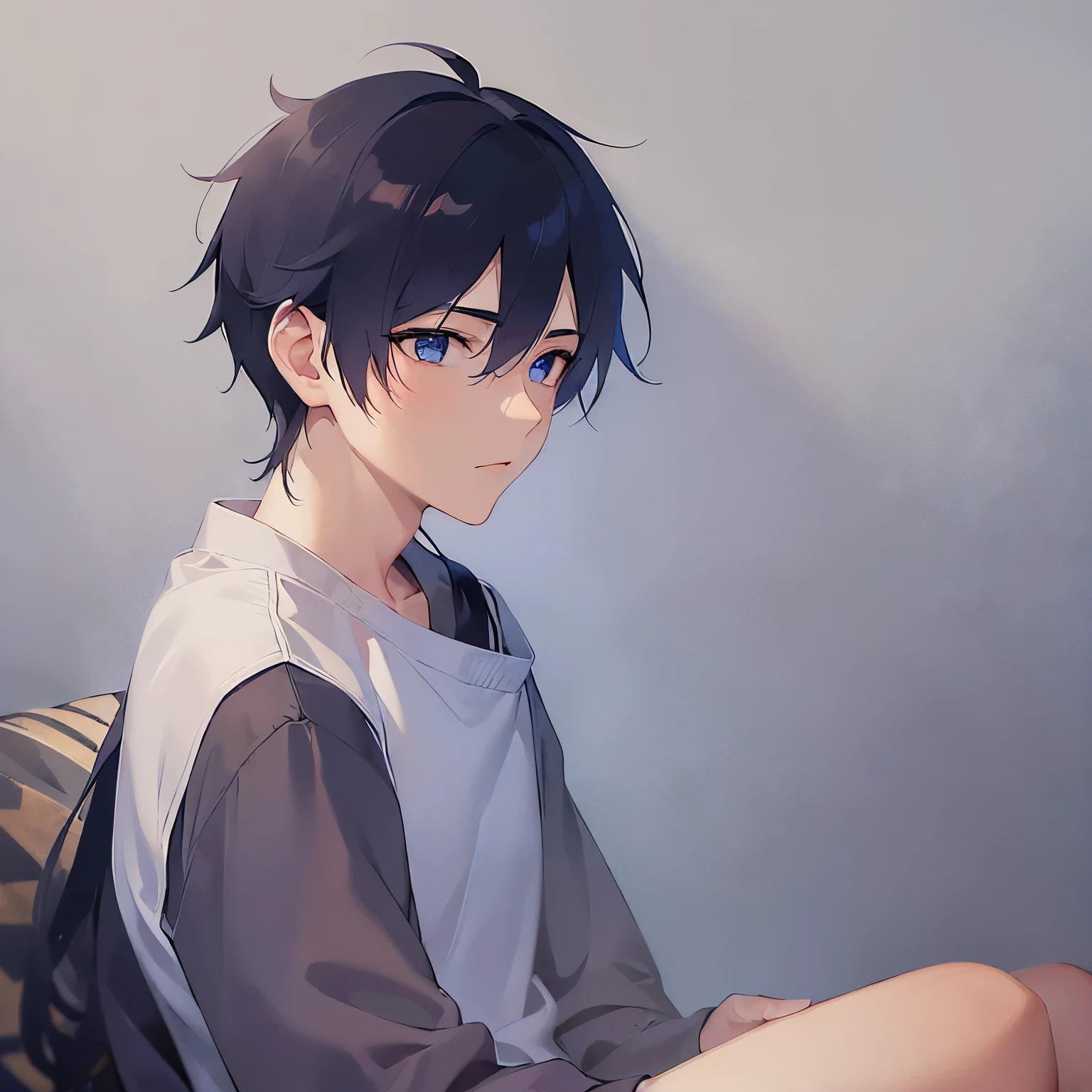 (25-year-old male:1.5) and(black短髪) and (blue eyes), 
（blackＴWearing a shirt）、side angle, (looking away:1.5), 
masterpiece、Highest quality、hold one’s head、
Serious,blush,（alone:1.5）、The background is the living room at night、Sitting