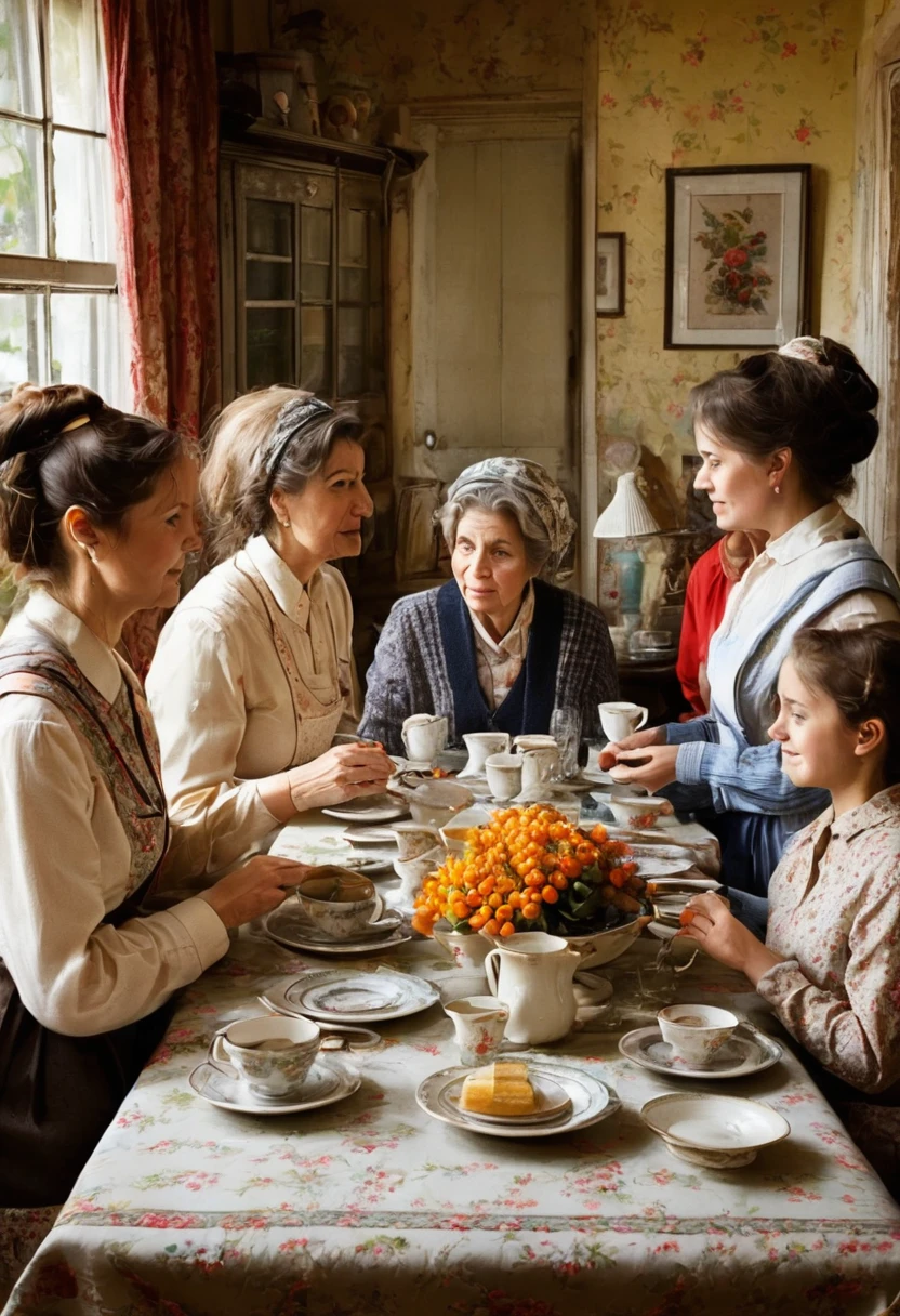 I, who am a cup, have seen many families with sadness and joy that I have seen. The scene must cover several moments in time, showing different families and individuals who have sat at the table to eat, sharing happy and sad moments.  Capture the passage of time by representing different eras through changing styles of clothing, tableware and decor. People's faces should show a variety of emotions: laughter, tears, joy and sadness. Make sure the details on the glass are prominent, with signs of wear indicating its long history. The backdrop should include elements such as a window displaying different seasons, family photos on the wall, and other personal touches that convey the warmth and lived-in feel of the home. The overall atmosphere should combine nostalgia, warmth and a touch of melancholy."