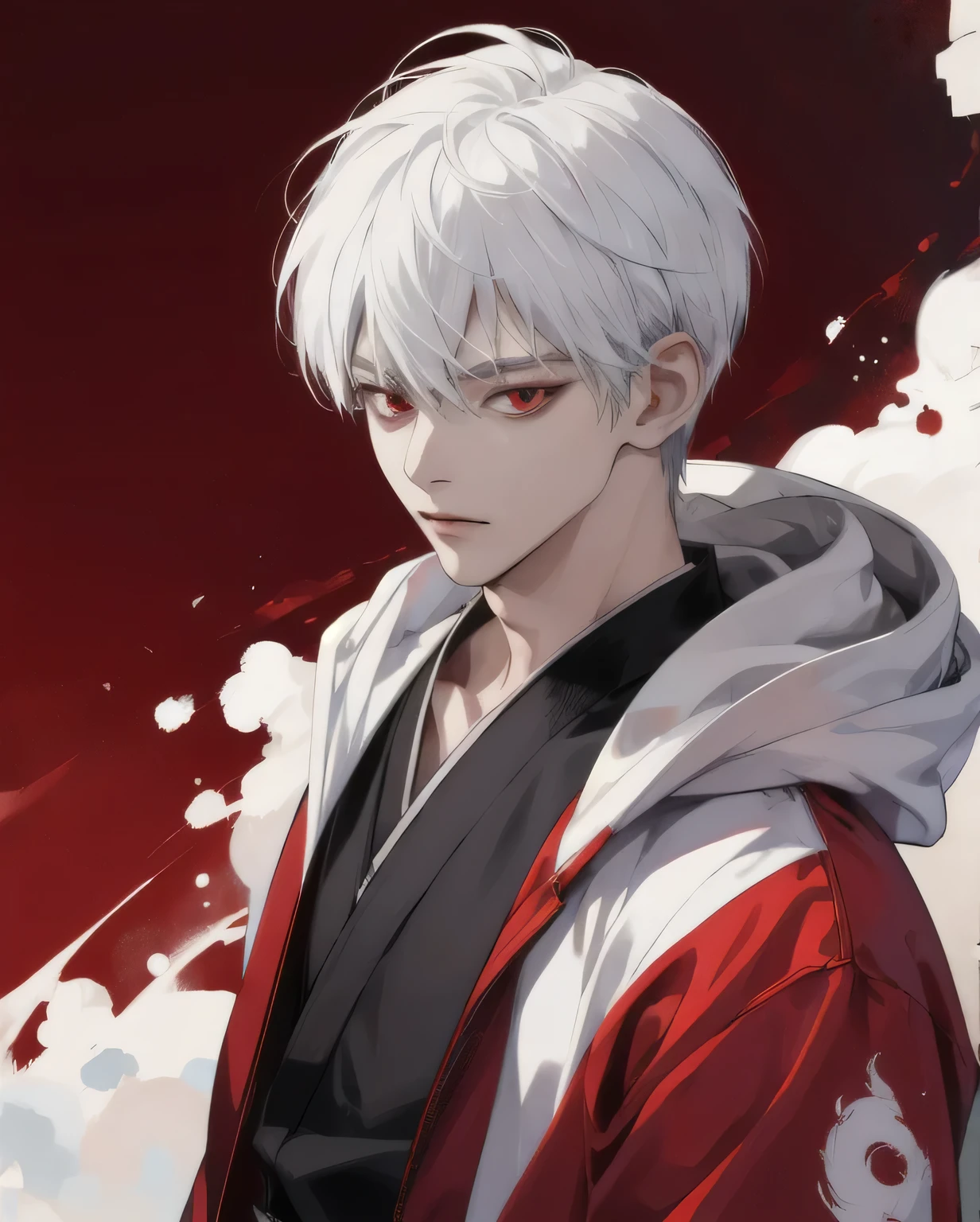 JUJUTSU KAİSEN, ((Best quality)), ((Masterpiece)), (Detailed), perfect face, white hair, 10s, red eyes, idol look, Korean idol hair, hoodie, alone, the only person in the image,