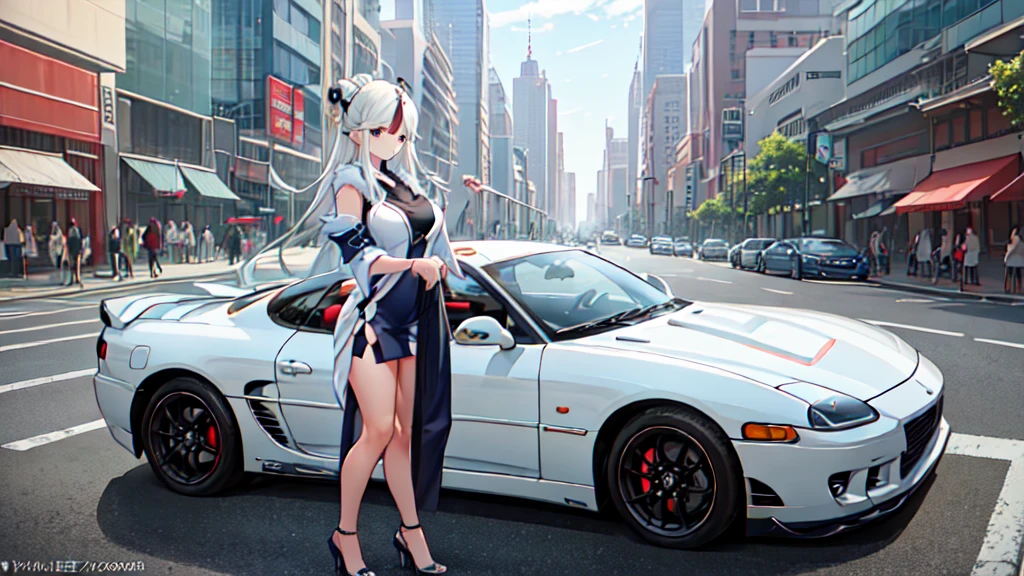 1girl, solo, full body, wide shot, ningguang_genshin, ningguang from genshin impact stands next to her white car, white outfit, 3000GTVR4, white color car, image inspired by genshin impact, highly detailed and intricate details, ningguang_genshin, looking at viewer, standing next to car, masterpiece, best quality, beautiful lighting, absurdres, high res, ultrasharp, 8K, masterpiece, looking at viewer