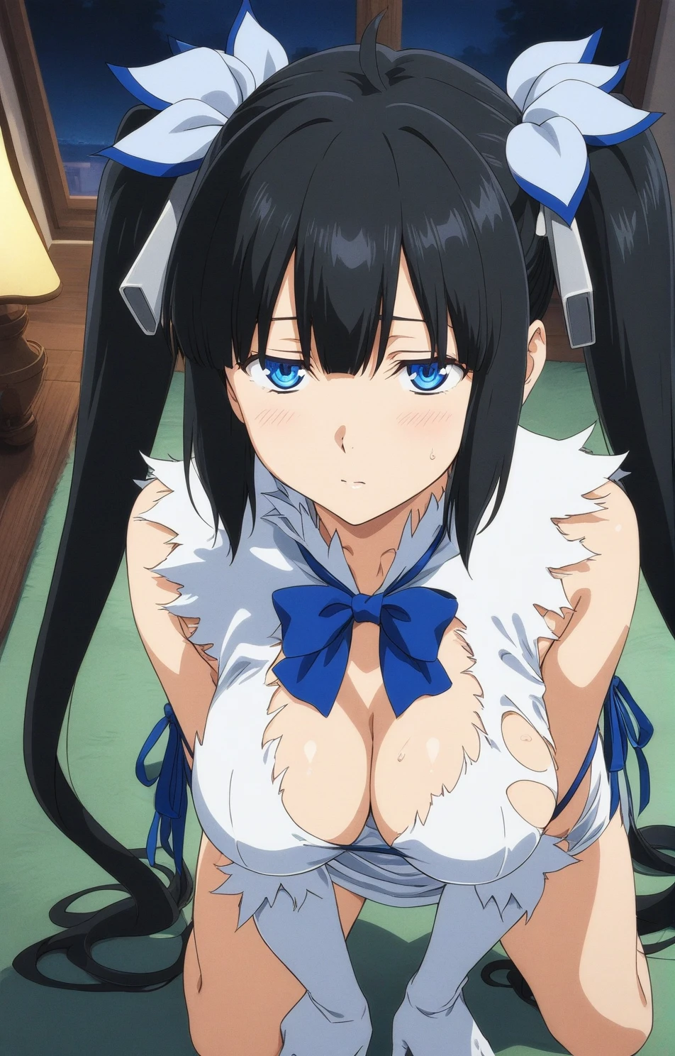 best quality, amazing quality, very aesthetic, absurdres, (1girl, hestia (danmachi),hestia \(danmachi\),long hair,blue ribbon,twintails),(torn clothing:1.8), (night, veil, thigh, arms between legs:1.3), (cowboy shot), (), (half closed eyes:1.3), (from above:2), (all fours:1.4), (blush), expressive eyes, perfect face, 4k, extremely detailed anime illustration, extremely detailed eyes, perfect anatomy, light rays, extremely delicate body, smooth skin, (room background:1.5), clear eyes, beautiful face, looking at viewer, (cinematic Light:1.5), big breasts,(anime style:1.7), (highres:2),