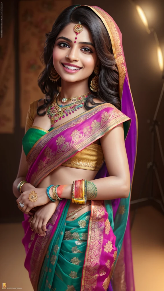 a girl in a colorful sari smiling and laughing happily,beautiful detailed eyes,beautiful detailed lips,extremely detailed eyes and face,longeyelashes,vibrant colors,warm lighting,detailed intricate patterns on sari,photorealistic,detailed background with flowers and plants,high quality,8k,ultra-detailed,masterpiece,realistic,vivid colors,studio lighting,physically-based rendering