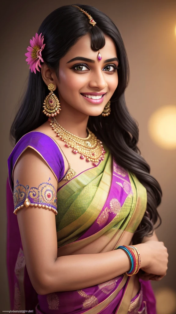 a girl in a colorful sari smiling and laughing happily,beautiful detailed eyes,beautiful detailed lips,extremely detailed eyes and face,longeyelashes,vibrant colors,warm lighting,detailed intricate patterns on sari,photorealistic,detailed background with flowers and plants,high quality,8k,ultra-detailed,masterpiece,realistic,vivid colors,studio lighting,physically-based rendering