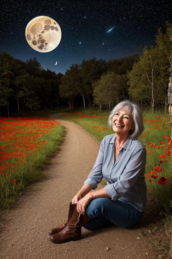 60 year old woman with gray hair, smiling,con jeans,Boots, loose blouse , sitting on the floor ,looking at the starry sky on a full moon night, on a path of poppies , in an illuminated environment