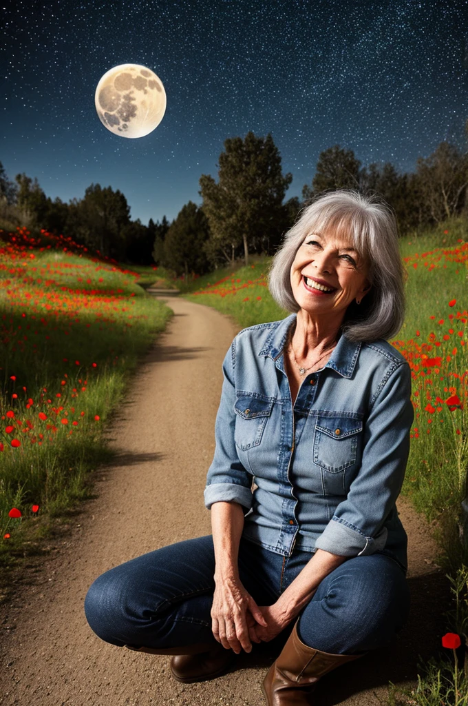 60 year old woman with gray hair, smiling,con jeans,Boots, loose blouse , sitting on the floor ,looking at the starry sky on a full moon night, on a path of poppies , in an illuminated environment