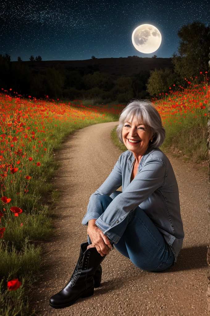 60 year old woman with gray hair, smiling,con jeans,Boots, loose blouse , sitting on the floor ,looking at the starry sky on a full moon night, on a path of poppies , in an illuminated environment 