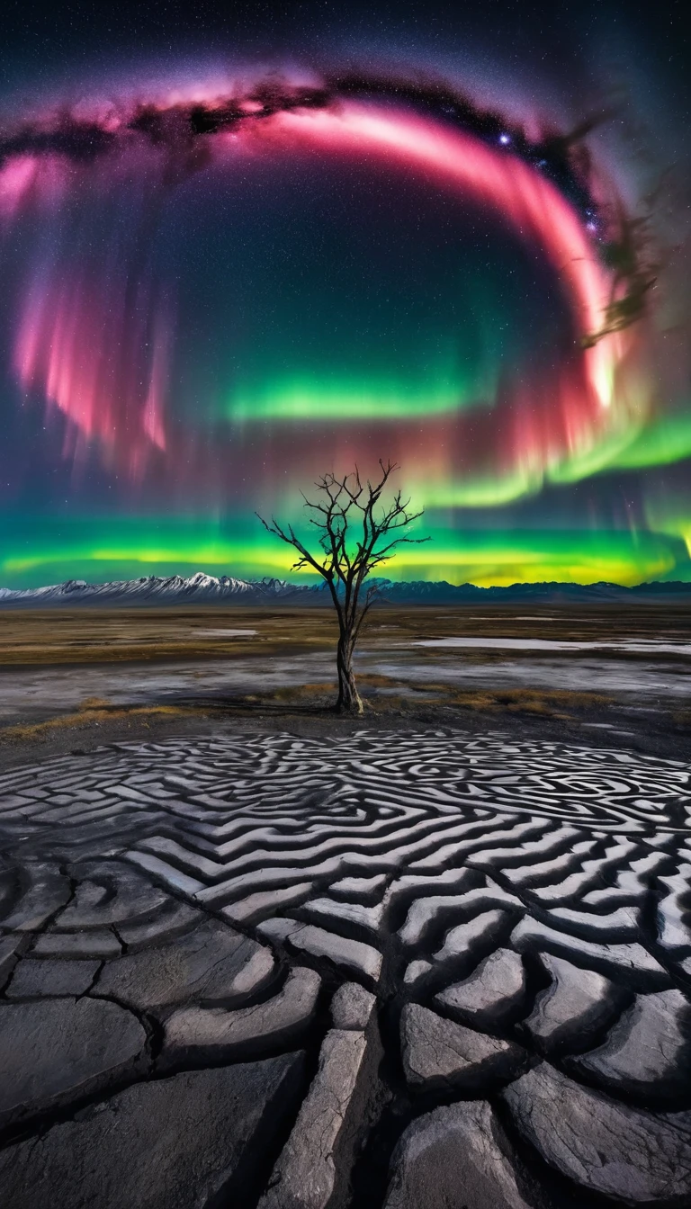 A desolate landscape with twisted metal structures and magnetic storms raging in the distance. The floor is burned, with strange patterns etched into the earth. in the sky, massive auroras clash, creating a surreal and terrifying light show.