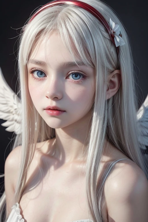  15 years old appeared angelic white hair red and yellow eyes soft 1,52 tall snow white skin tone perfect innocent face soft reddish mouth two pair of soft purple colored wings 