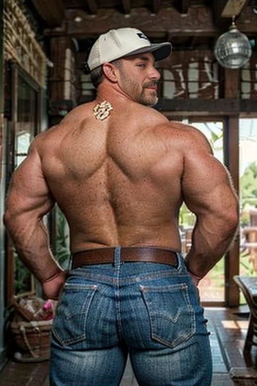 Masterpiece, Best Quality, High resolution, (1 chico:1.4), male focus, 50-year-old cowboy in ranch, jeans and belt, wearing cowboy hat, furry, beefy, chubby, natural lighting, HDR, (GS-Macho :1.5), thick forearms, thick arms, huge thighs, large pecs, big chest, charming smile, erotic look, winking at camera, scruff, hairy, raunchy
