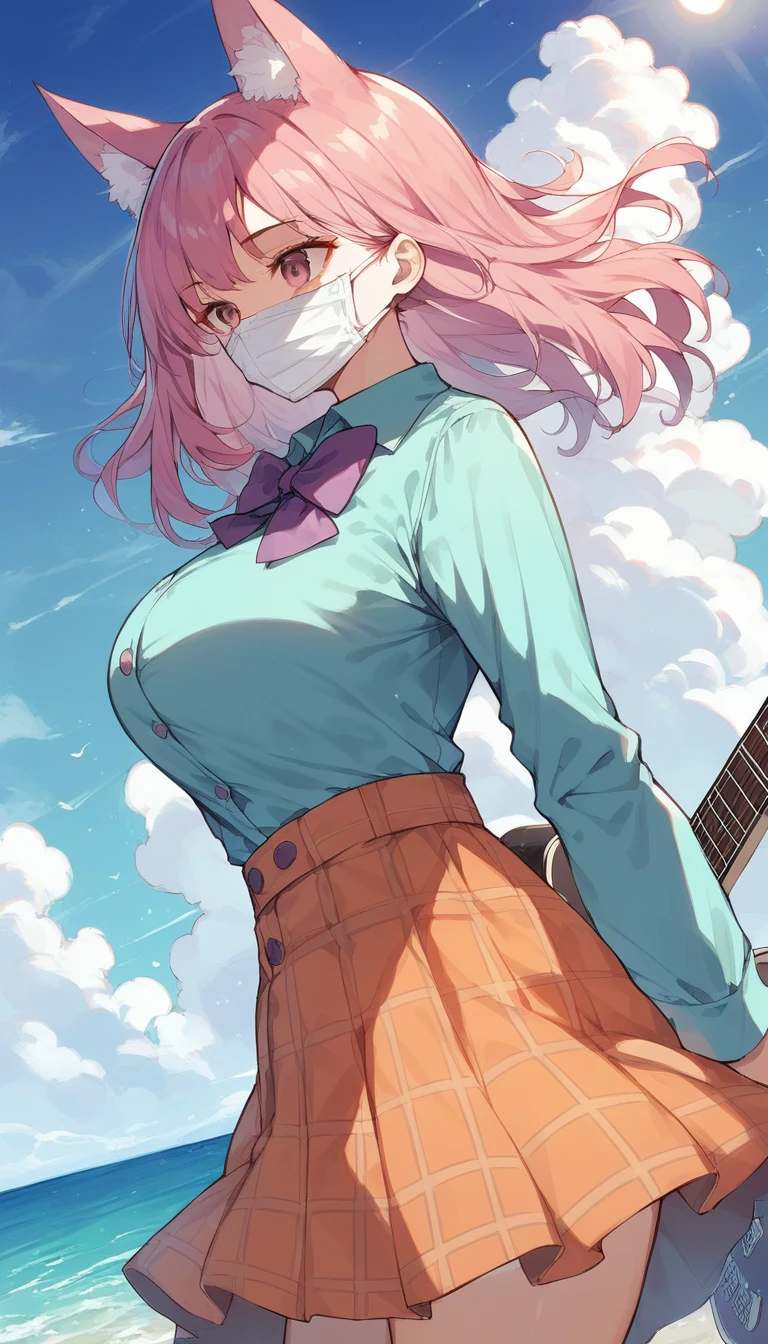 (1 girl, Size), (guitar Alone),big breasts,  bubble Skirt, aqua shirt, bow, bowtie, buttons, collared shirt, expressionless, Eyebrows hidden by hair., fox face mask, cowboy shot, by the wide, long sleeves, face mask, multicolored buttons, pink eyes, pink hair, orange Skirt, tartan, tartan shirt, purple bow, purple bowtie, shirt, Skirt, Alone, very by the wide, Mar, ocean, playa, cloudy, Sun light, darkness, officer, cloud, sky, outdoor, cloudy sky, move, remains, Sun ray, after the apocalypse, side view